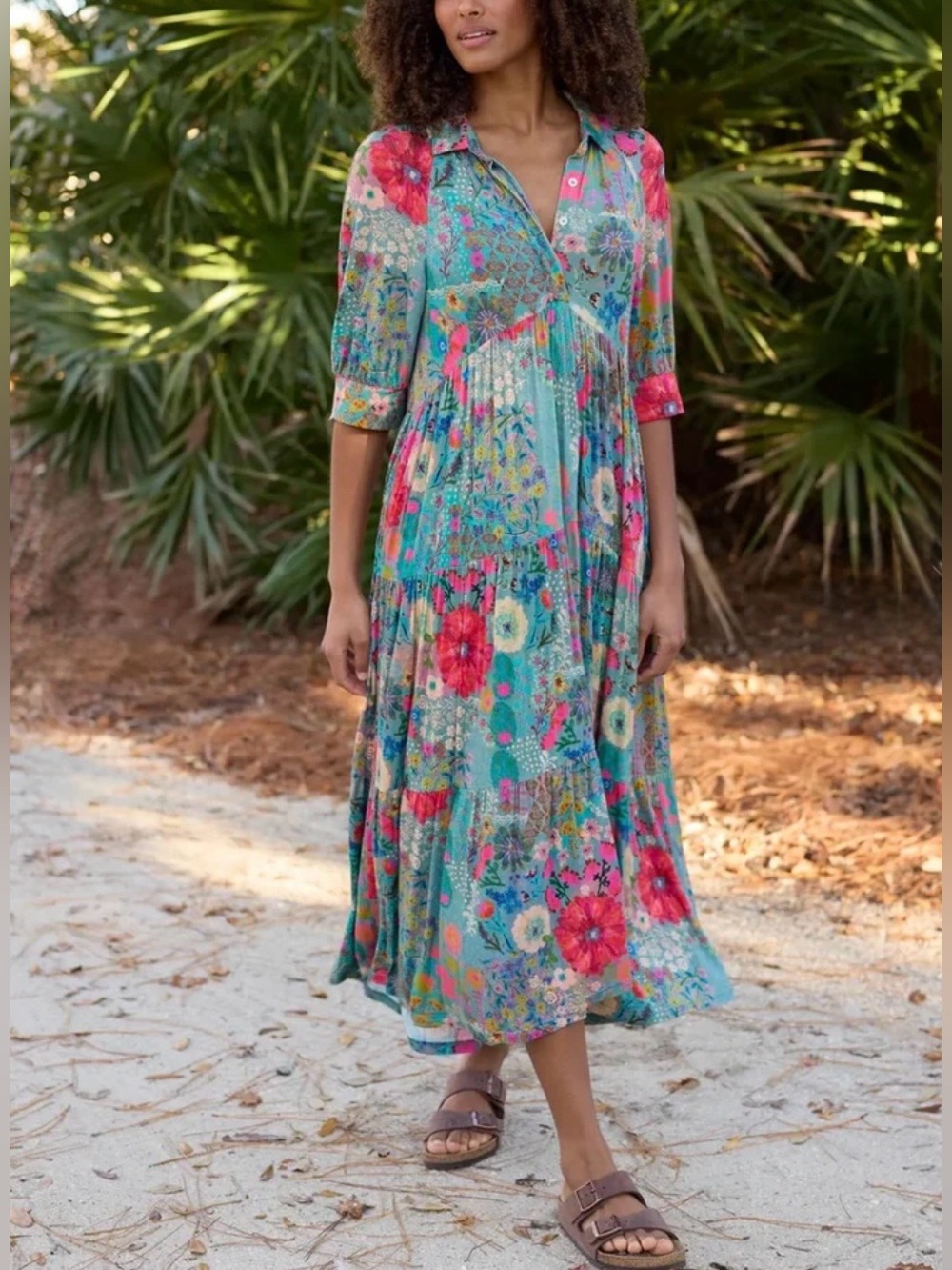 Natural Life Rebecca ButterSoft Blue Garden Patchwork Floral Midi Dress L NWT